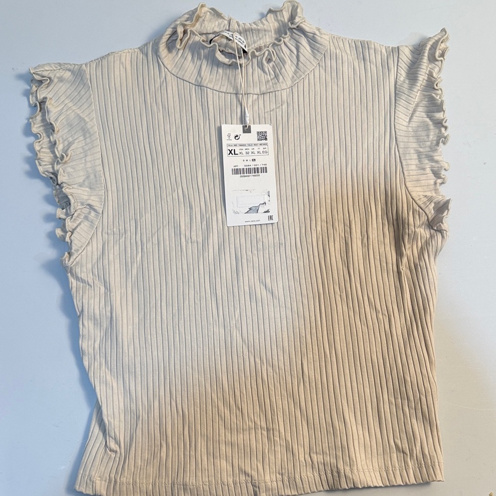Zara Cap Sleeve Mockneck Ribbed Shirt XL Beige
